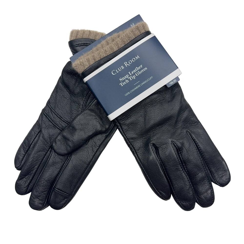 Club Room Snap Leather Tech Tip Gloves Mens M Black Cashmere Lining Touchscreen
